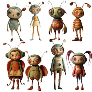 May include: Eight whimsical, colourful, and detailed figurines of humanoid characters with insect-like features. Each figurine has a unique design and personality, with different colours, patterns, and accessories.