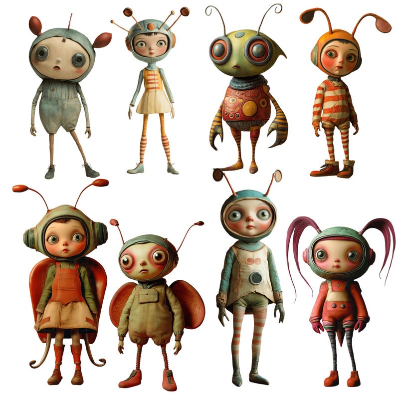 May include: Eight whimsical, colourful, and detailed figurines of humanoid characters with insect-like features. Each figurine has a unique design and personality, with different colours, patterns, and accessories.