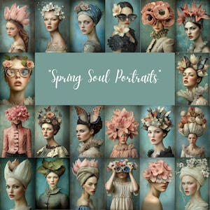 Frühling Seele Porträts Clipart - Blumen wunderliche Frauen Bilder für Digitales Scrapbooking Kreative Journaling Einladungen, Handwerk Projekte CU
