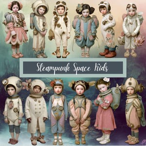 Niños Espaciales Steampunk: 48 imágenes PNG + 12 fondos de fantasía / Niños Astronautas Retro / Efímeras para Diarios de Basura / Collage de Álbumes de Recortes