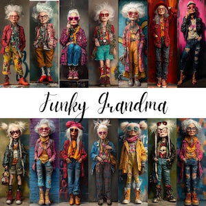 Funky Grandma: 50+ Rockstar-geïnspireerde graffiti bladwijzers Mixed Media Art grappige eigenzinnige punk portretten Digital Junk Journal Printables CU