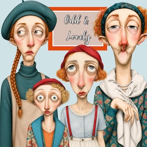 Könnte beinhalten: Illustration von vier stilisierten Figuren mit übertriebenen Merkmalen, die jeweils unterschiedliche Outfits und Hüte tragen. Die Figuren haben helle Haut, rotes Haar und traurige Ausdrücke. Das Bild enthält den Text "Odd & Lovely" in einer dekorativen Schriftart.