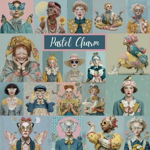 Op de afbeelding: Een collage van portretten met een pastel kleurenschema. De onderwerpen dragen vintage-geïnspireerde kleding, brillen met vlinderthema en accessoires. De tekst "Pastel Charm" wordt weergegeven. De algehele esthetiek is grillig en artistiek.