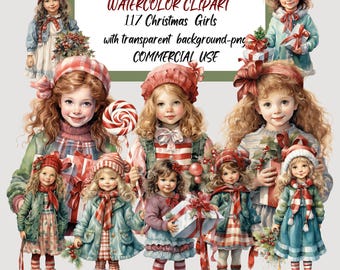 May include: Watercolor clipart of Christmas girls with red and white striped dresses, red and white checkered dresses, and blue dresses. The girls are holding presents, candy canes, and holly.