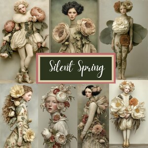 Puede incluir: Un collage de imágenes que presenta figuras adornadas con grandes arreglos florales y elaborados disfraces. El texto "Silent Spring" se muestra sobre un fondo verde oscuro. La paleta de colores incluye pasteles suaves y tonos apagados.