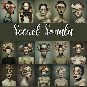 Sonate secrète - clipart mascarade florale vintage, 89 portraits de femme éthérés, Images de scrapbooking art imprimable, éphémères de journal indésirable