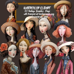 Bellezze d'epoca - 60 PNG, donne digitali stravaganti, diario spazzatura, bambole di carta, ritratti di donne stravaganti, download digitale scrapbooking CU