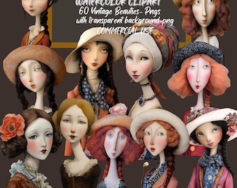 Puede incluir: Una colección de 10 ilustraciones de acuarela de mujeres con diferentes peinados, ropa y sombreros. Las ilustraciones son de estilo vintage y tienen un toque caprichoso. El texto "WATERCOLOR CLIPART 60 Vintage Beauties - Pngs with transparent background png COMMERCIAL USE" se muestra en una pizarra marrón.