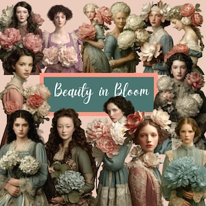 May include: A collage of women in vintage attire, each holding large bouquets of flowers. The image has a soft, romantic aesthetic with a pink background. The text "Beauty in Bloom" is displayed on a teal rectangle.