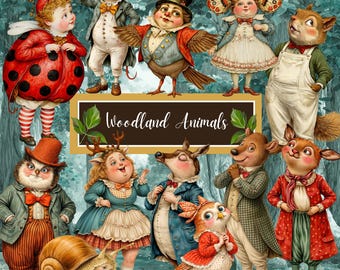 Vintage Paper Dolls, 64 Woodland Animals, PNG Clipart, 58 Backgrounds, Whimsical Forest, Storybook Illustration, Junk Journal Ephemera