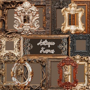 Puede incluir: Una colección de marcos de fotos ornamentados en varias formas, tamaños y acabados, incluyendo oro, madera oscura, negro y blanco, dispuestos en un collage con el texto Antique Frames centrado en el medio de la pantalla.
