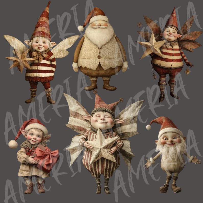 May include: Five Christmas figures, including Santa Claus and elves, are depicted against a gray background. The figures are all wearing red and white striped clothing and have a whimsical, vintage aesthetic. They are holding stars and other festive items.