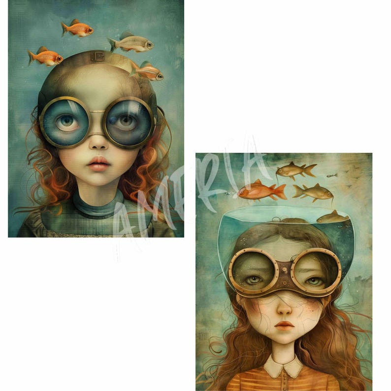 Surreal Fish Digital Art: Whimsical Junk Journal Kit (71 JPEGs) bild 3