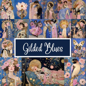 Gilded Blues - 81 Porträts Inspiriert von Klimt, Eleganter Jugendstil für Handwerker, Scrapbooking , DIY-Projekte, Digital Clipart CU