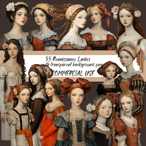 Renaissance Ladies - 55 PNG Grafiki, Średniowieczne Clipart, Junk Journals, Komercyjne Wykorzystanie, Pobieranie Cyfrowe, Scrapbooking, Zestaw Do Tworzenia Kartek
