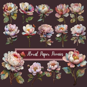 Clipart floral de pivoines en papier | Fleurs vintage techniques mixtes | Éphémères imprimables pour journaux indésirables, scrapbooking et fabrication de cartes, CU