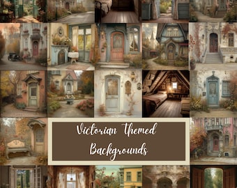 May include: A collage of Victorian-themed backgrounds. The images feature architectural elements like doors, windows, and buildings, with a muted color palette. The text "Victorian Themed Backgrounds" is displayed in a brown rectangle.