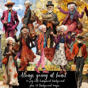 May include: A group of eight people, all dressed in colourful clothing, are standing in a park setting. The people are smiling and appear to be having fun. The image is captioned "Always young at heart 85 png with transparent background plus 54 Background images".