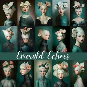 Emerald Echoes: 35 retratos surreais de mulheres medievais, garotas renascentistas em tons de verde, suprimentos para scrapbook de diário de lixo, arte digital, CU