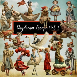 Vintage Whimsical Clipart Bundle – Daydream Escape Vol.1 | Surreal Portraits, 60 PNGs & 35 Backgrounds for Collage, Scrapbook, Mixed Media