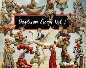 Vintage Whimsical Clipart Bundle – Daydream Escape Vol.1 | Surreal Portraits, 60 PNGs & 35 Backgrounds for Collage, Scrapbook, Mixed Media