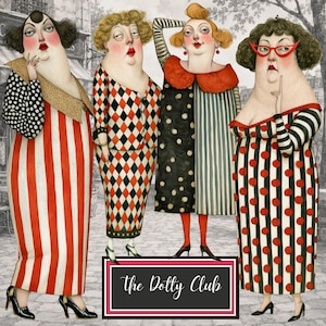 Op de afbeelding: Een digitale illustratie met vier gestileerde figuren in jurken met patronen. De tekst The Dotty Club staat in een rechthoekig kader onderaan. De figuren dragen outfits met rode en witte strepen, ruiten, stippen en verticale strepen.