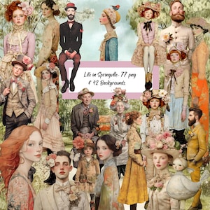 Life in Springville - Kit numérique de personnes sur le thème floral fantaisiste du printemps et de Pâques 77 images + 42 arrière-plans, journal indésirable de personnes originales, CU