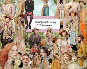 Life in Springville - Whimsical Spring Easter Floral themed people Digital Kit 77 Pngs + 42 Backgrounds, Quirky People Junk Journal , CU