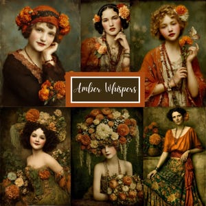 Può includere: Un collage di sei ritratti in stile vintage di donne, ognuna adornata con fiori e gioielli. La tavolozza dei colori è dominata da toni caldi di arancione, marrone e verde. Il testo "Amber Whispers" è visualizzato in una cornice bianca.