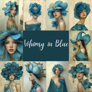 Whimsy in Blue - 54 grillige vintage surrealistische vrouwelijke portretten met blauw bloementhema voor plakboeken, junkjournals, kaarten maken en ambachten, CU