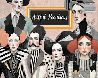 Surreal Vintage Portrait Clipart Bundle, 80 Peculiar Characters + 12 Backgrounds, Whimsical Digital Art
