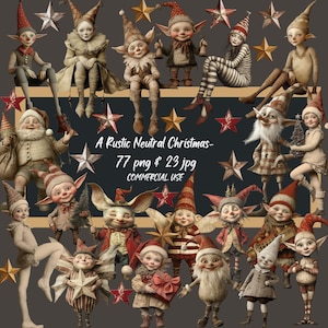 Een rustieke neutrale kerst - neutrale rustieke vintage kerstelfen, clipart elfen, vakantiepakket, kaarten maken digitale kunst junk Journal CU