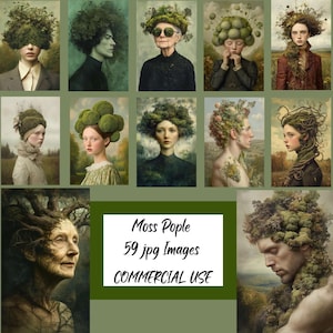 Moos Menschen Porträt Bilder, Surreal Moos Kopf Menschen, Waldbewohner, Papiermodelle, Junk Journal Sammelalben, hohe Qualität. Sofort Download