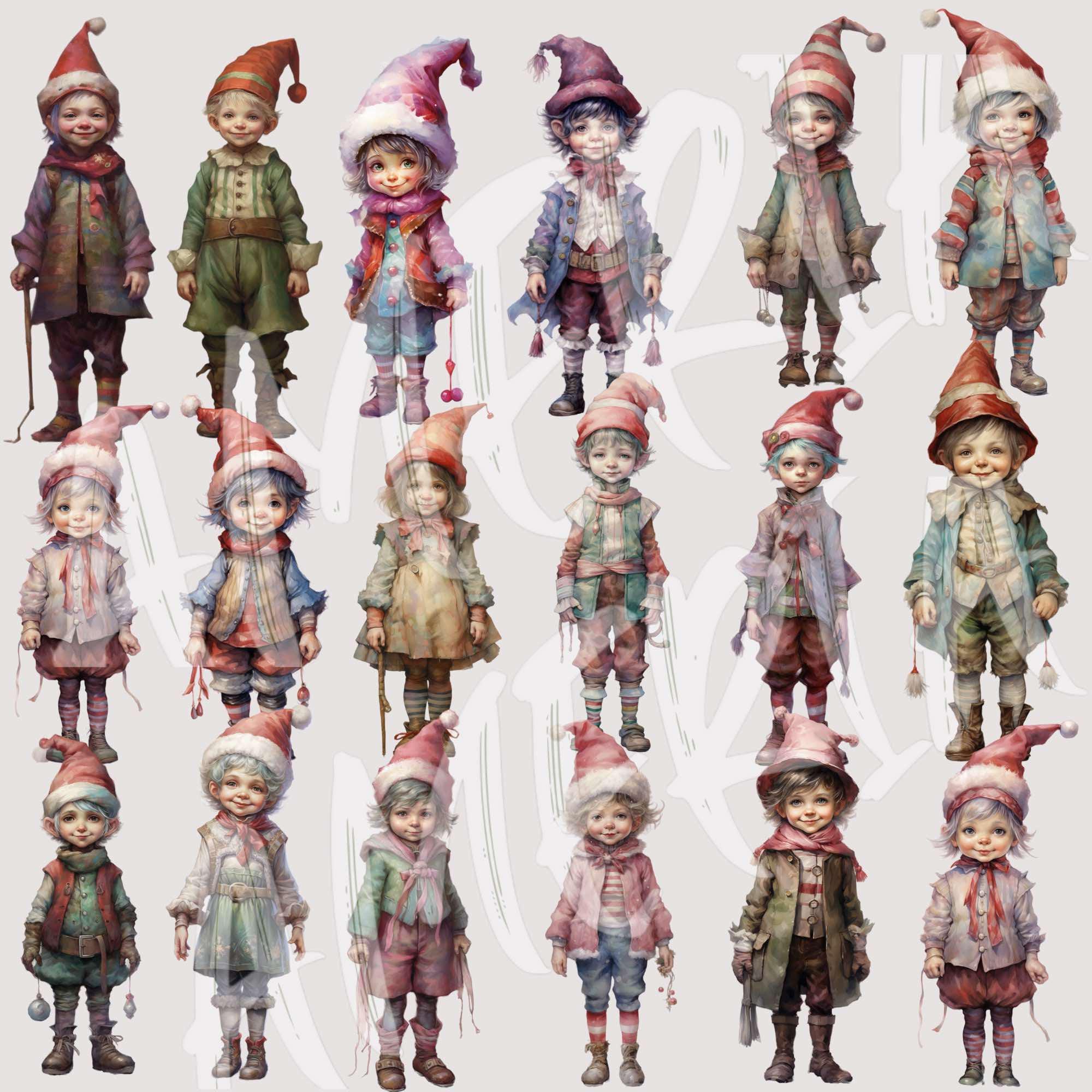 Christmas Elves Watercolor Clipart: 121 Pngs, Transparent Background ...