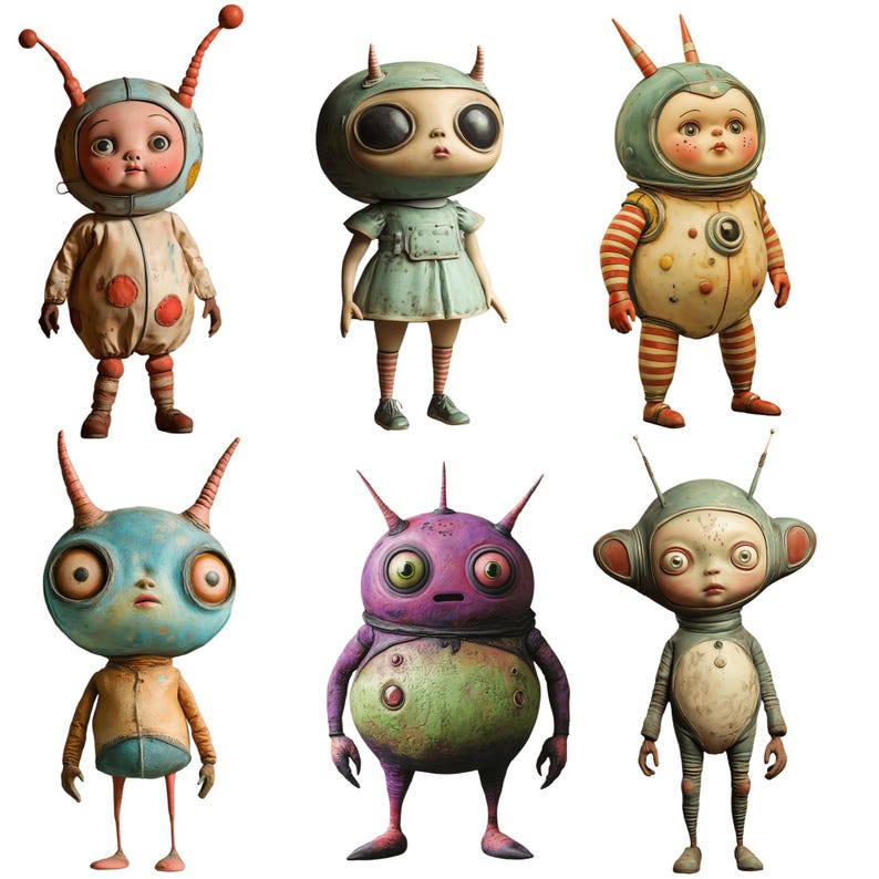 May include: Six whimsical, hand-painted figurines of alien-like creatures with large eyes and colourful clothing. The figurines are made of ceramic and have a vintage aesthetic.