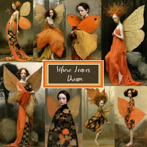 May include: A collage of eight artistic illustrations featuring figures with large leaf-like wings in shades of orange, brown, and gold. A central rectangular sign displays the text Where Leaves Dream in white script against a dark brown background.