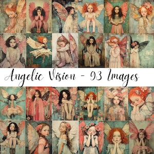 Puede incluir: Un collage de 18 imágenes con hadas aladas con alas y vestidos coloridos. Las hadas se representan en varias poses, algunas con las alas extendidas, otras con las manos juntas. Las imágenes se colocan sobre una variedad de fondos, incluidos patrones florales, nubes y diseños abstractos. El título "Angelic Vision - 93 Images" se muestra en la parte inferior del collage.