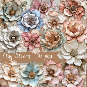 Clay Blooms 98 pngs Vintage bloemen in neutrale tinten Junk Journaling Digital Design Floral Art, Scrapbook Kit, Rustic Blooms CU