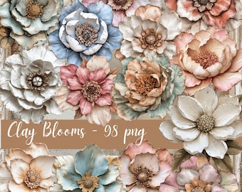 Clay Blooms  98 pngs Vintage style flowers in neutral tones Junk Journaling Digital Design Floral Art, Scrapbook Kit ,Rustic Blooms  CU