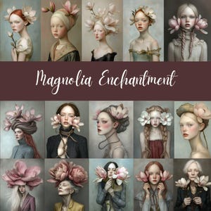 Magnolia Enchantment - 47 Blumenbezogene weibliche Porträts, Frauenillustrationen, weibliche Porträts, sofortiger Download kreatives Journaling