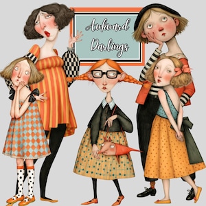 Puede incluir: Una ilustración digital que muestra cinco personajes estilizados con expresiones faciales distintas y atuendos coloridos, incluida una figura central con trenzas rojas y gafas, con el texto Awkward Darlings en un marco rectangular.