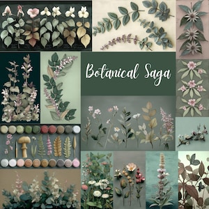 Saga botanique vintage, cliparts nature, fleurs éphémères, journaux indésirables, scrapbooking numérique, projets d'artisanat de collage, usage commercial