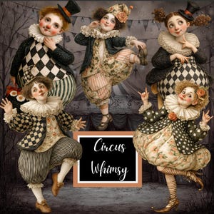 Puede incluir: Ilustración de cinco artistas de circo caprichosos con trajes coloridos. Los personajes visten cuellos con volantes, trajes estampados y sombreros. La imagen incluye el texto "Circus Whimsy" en un letrero negro.
