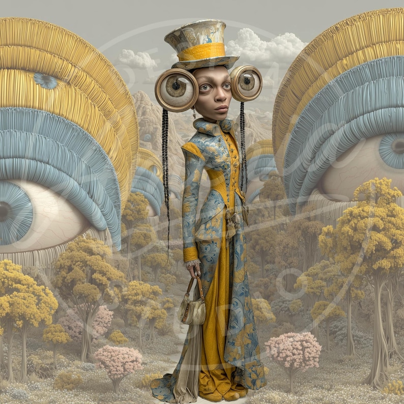 May include: A surreal digital art piece featuring a figure in a long, patterned dress with a yellow bodice and blue floral design. The figure wears a top hat and large, eye-shaped adornments. The background includes stylized eyes and a forest.
