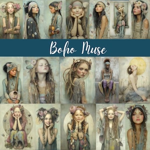 Boho Muse - portraits de femmes hippies bohèmes - 79 illustrations de filles, art numérique, journal indésirable, scrapbooking, fabrication de cartes, usage commercial