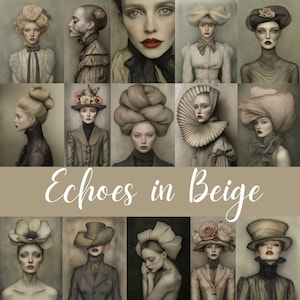 Echoes in Beige - 65 portraits de femmes surréalistes, motifs JPEG, personnages neutres, papiers pour collage, art numérique, journal indésirable, fabrication de cartes CU