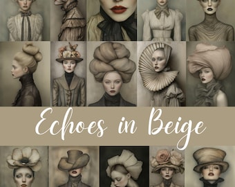 Surreal Ladies Portrait Art, 65  Whimsical Images  of Women (Digital Art), Scrapbooking , Junk Journaling , Card Making, Echoes in Beige