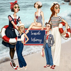 May include: An illustration featuring figures in vintage nautical attire, including striped tops, sailor hats, and a life preserver. The artwork has a whimsical style, with the text "Seaside Whimsy" on a sign.