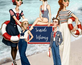 Printable Paper Dolls PNG,  Vintage Beach Clipart, Nautical Sailor  Bundle, Summer Themed , 30 Coastal Characters, Seaside Whimsy