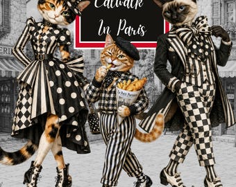 Printable  Cat Paper Dolls, Vintage Parisian Feline Characters, 90 Kittens & 32 Backgrounds, Anthropomorphic Cats PNG Bundle